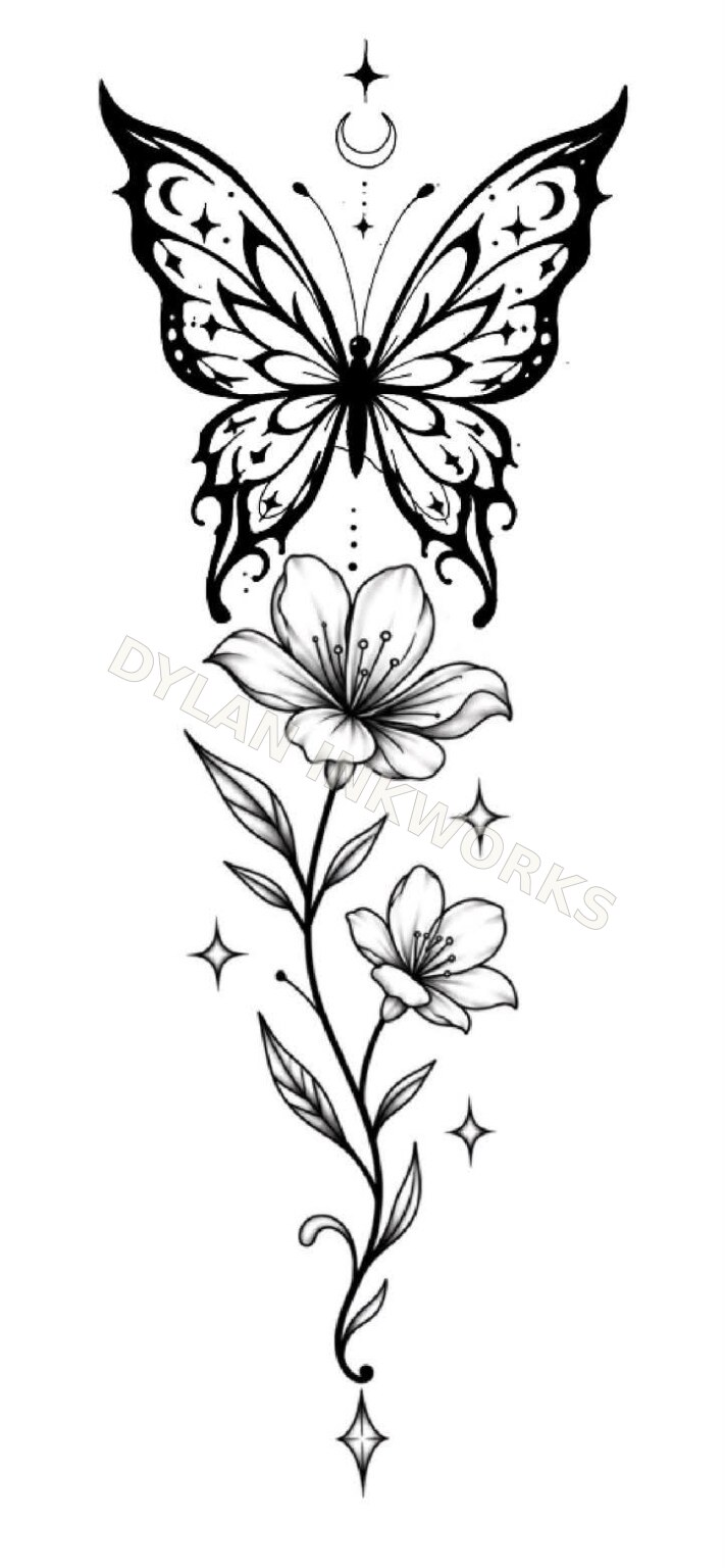 Celestial butterfly and floral composition.